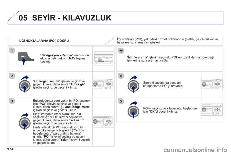 Peugeot Partner Tepee 2013  Kullanım Kılavuzu (in Turkish) 9.14
05
   
İLGİ  NOKTALARINA (POI) DOĞ RU
SEYİR - KILAVUZLUK
İlgi noktalar ı (POI), yak ındaki hizmet noktalar ının (oteller, çeşitli dükkanlar,havalimanı...) tamamını gösterir.
"Güz