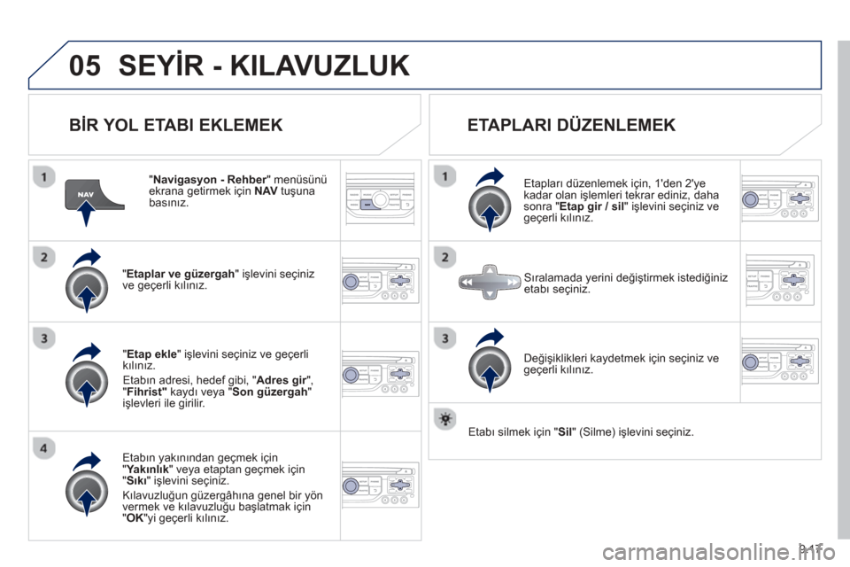 Peugeot Partner Tepee 2013  Kullanım Kılavuzu (in Turkish) 9.17
05SEYİR - KILAVUZLUK
  BİR YOL ETABI EKLEMEK
  " Navigasyon - Rehber" menüsünürekrana getirmek için  NAVtuşuna basınız.  
"
Etaplar ve güzergah  " işlevini seçiniz
ve geçerli k ılı
