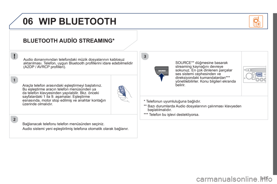 Peugeot Partner Tepee 2013 Kullanım Kılavuzu (in Turkish) 9.75
06
Araçla telefon arasındaki eşleştirmeyi başlatınız.
Bu eşleştirme aracın telefon menüsünden ya
da telefon klavyesinden yapılabilir. Bkz. öncekisayfalardaki 1 ila 9. aşamala Peugeot Partner Tepee 2013 Kullanım Kılavuzu (in Turkish) 9.75
06
Araçla telefon arasındaki eşleştirmeyi başlatınız.
Bu eşleştirme aracın telefon menüsünden ya
da telefon klavyesinden yapılabilir. Bkz. öncekisayfalardaki 1 ila 9. aşamala