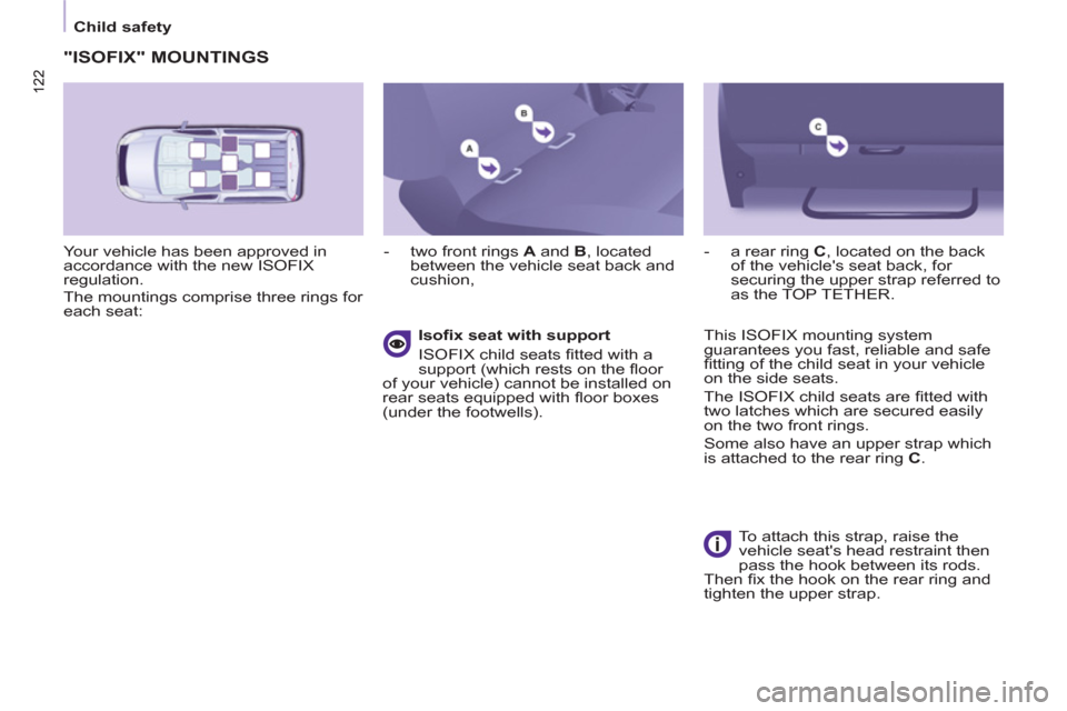 Peugeot Partner Tepee 2012  Owners Manual 122 122
 
 
 
Child safety  
 
 
"ISOFIX" MOUNTINGS
 
Your vehicle has been approved in 
accordance with the new ISOFIX 
regulation. 
  The mountings comprise three rings for 
each seat:    
 
-   two
