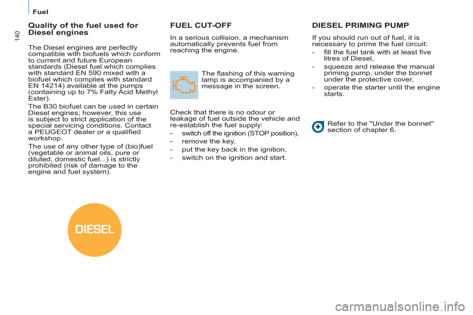 Peugeot Partner Tepee 2012 User Guide DIESEL
140
   
 
Fuel  
 
FUEL CUT-OFF
 
In a serious collision, a mechanism 
automatically prevents fuel from 
reaching the engine. 
  The ﬂ ashing of this warning 
lamp is accompanied by a 
messag