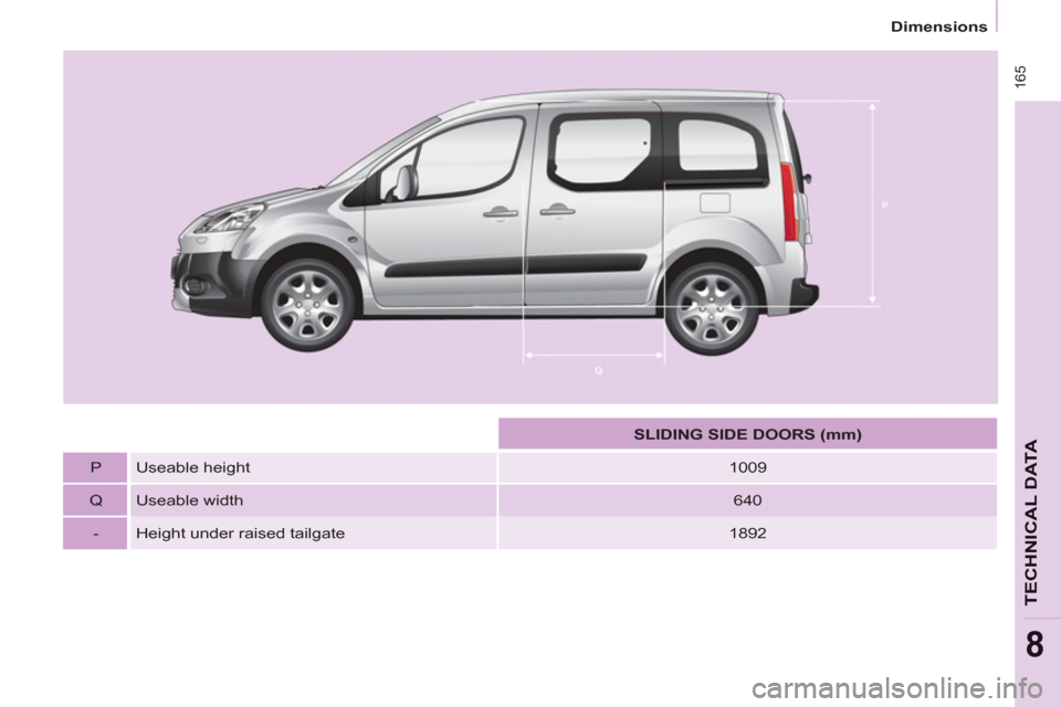 Peugeot Partner Tepee 2012  Owners Manual  165
Dimensions
TECHNICAL DAT
A
8
   
 
  
 
 
SLIDING SIDE DOORS (mm) 
 
 
   
P   Useable height    
1009  
   
Q   Useable width    
640  
   
-   Height under raised tailgate    
1892   