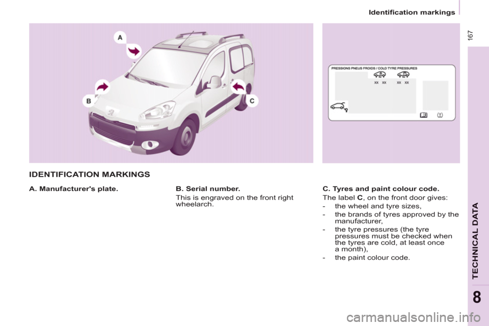 Peugeot Partner Tepee 2012  Owners Manual    
 
Identification markings  
 
 16
7
TECHNICAL DAT
A
8
 
IDENTIFICATION MARKINGS  
 
 
A. Manufacturers plate.    
C. Tyres and paint colour code. 
  The label  C 
, on the front door gives: 
   
