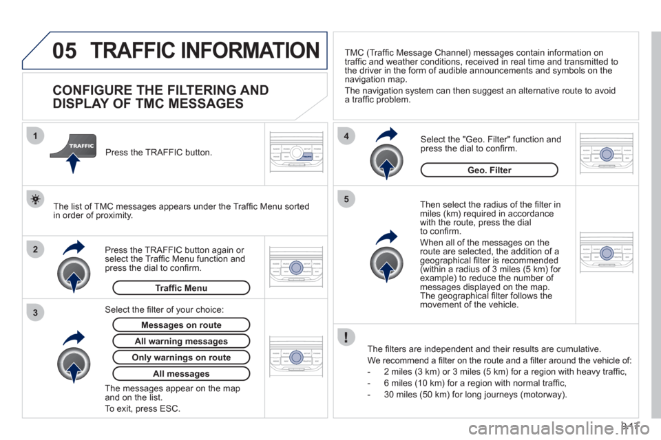 Peugeot Partner Tepee 2012 Owners Manual 05
2 1
3
4
5
9.17
TRAFFIC INFORMATION
CONFIGURE THE FILTERING AND
DISPLAY OF TMC MESSAGES
Then select the radius of the fi lter in miles (km) required in accordance
with the Peugeot Partner Tepee 2012 Owners Manual 05
2 1
3
4
5
9.17
TRAFFIC INFORMATION
CONFIGURE THE FILTERING AND
DISPLAY OF TMC MESSAGES
Then select the radius of the fi lter in miles (km) required in accordance
with the