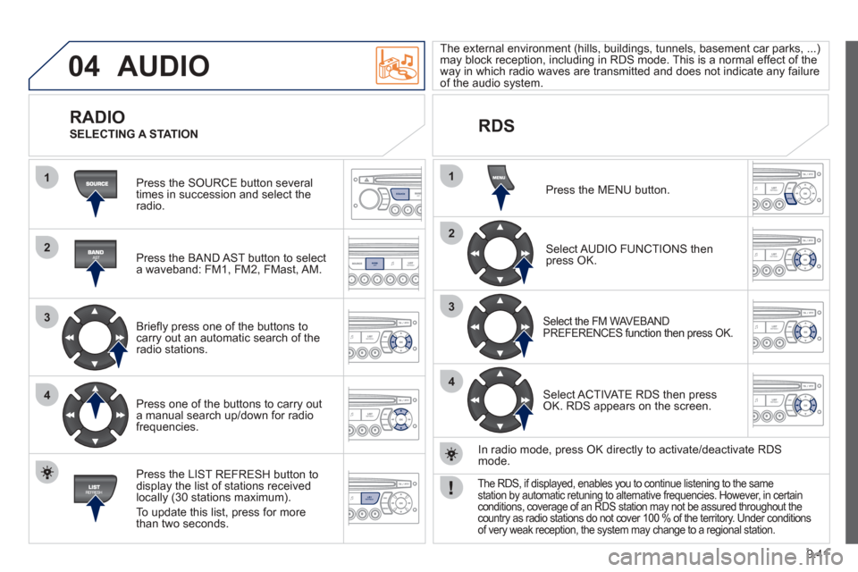 Peugeot Partner Tepee 2012 User Guide 04
1
2
3
4
1
2
3
4
SOURCE
BANDAST
LISTREFRESH
MENU
9.41
 AUDIO 
 Press the SOURCE button several 
times in succession and select theradio.  
  Press the BAND A
ST button to select 
a waveband: FM1, FM