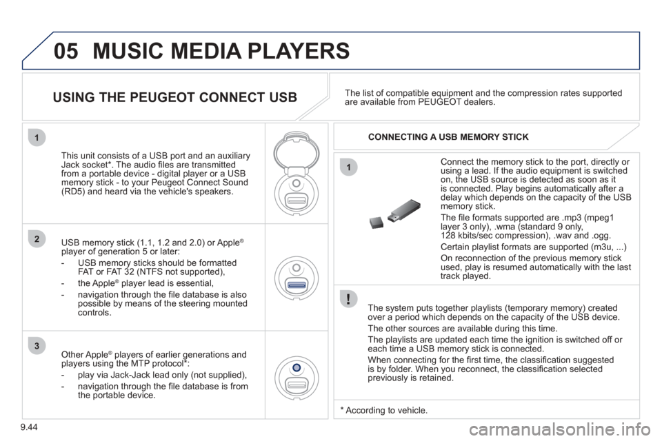 Peugeot Partner Tepee 2012  Owners Manual 05
1
1
2
3
9.44
 MUSIC MEDIA PLAYERS
  The system puts together playlists (temporary memory) createdover a period which depends on the capacity of the USB device. 
 The other sources are available dur