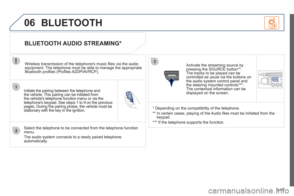 Peugeot Partner Tepee 2012 Owners Manual 1
2
3
SOURCE
06
9.49
Initiate the pairing between the telephone and
the vehicle. This pairing can be initiated from
the vehicles telephone function menu or via the
telephones ke
ypad. See steps Peugeot Partner Tepee 2012 Owners Manual 1
2
3
SOURCE
06
9.49
Initiate the pairing between the telephone and
the vehicle. This pairing can be initiated from
the vehicles telephone function menu or via the
telephones ke
ypad. See steps