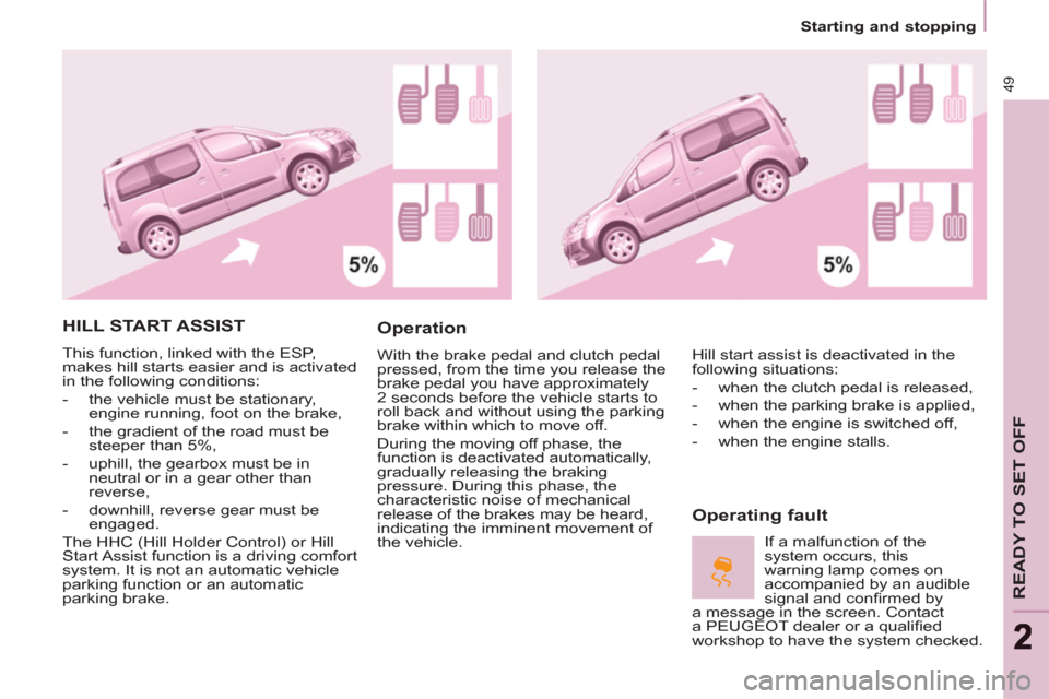 Peugeot Partner Tepee 2012 User Guide 49
READY TO SET OFF
22
   
 
Starting and stopping  
 
 
HILL START ASSIST 
 
This function, linked with the ESP, 
makes hill starts easier and is activated 
in the following conditions: 
   
 
-   th