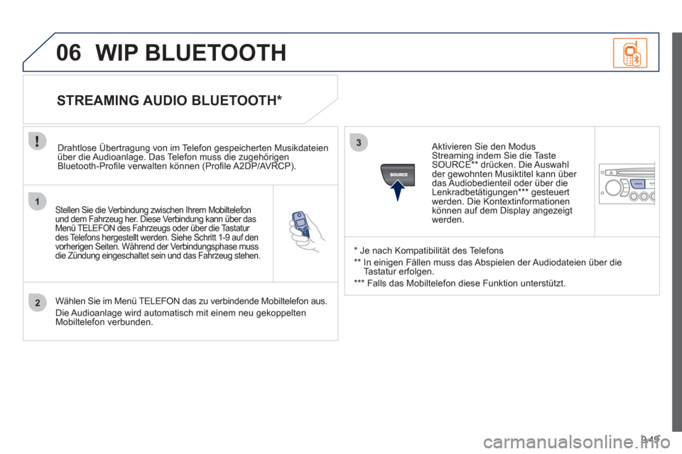 Peugeot Partner Tepee 2012 Betriebsanleitung (in German) 1
2
3
SOURCE
06
9.49
Stellen Sie die Verbindung zwischen Ihrem Mobiltelefonund dem Fahrzeug her. Diese Verbindung kann über das Menü TELEFON des Fahrzeugs oder über die Tastatur
des Telefons he Peugeot Partner Tepee 2012 Betriebsanleitung (in German) 1
2
3
SOURCE
06
9.49
Stellen Sie die Verbindung zwischen Ihrem Mobiltelefonund dem Fahrzeug her. Diese Verbindung kann über das Menü TELEFON des Fahrzeugs oder über die Tastatur
des Telefons he