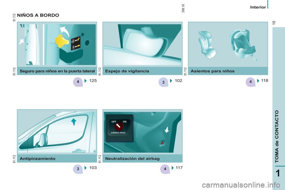 Peugeot Partner Tepee 2012  Manual del propietario (in Spanish) 3
3
4
4
4
15
1
TOMA de CONTACTO
   
 
Interior  
 
   
Antipinzamiento   
Neutralización del airbag    
Asientos para niños 
 
 
Seguro para niños en la puerta lateral  
 
Espejo de vigilancia 
 
N
