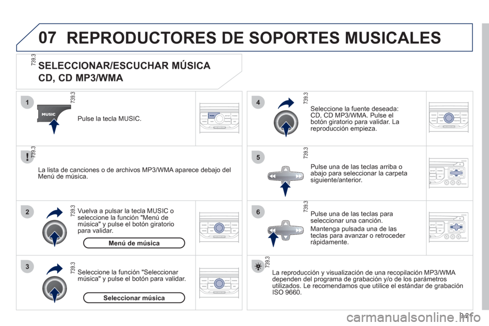 Peugeot Partner Tepee 2012 Manual del propietario (in Spanish) 07
3 2 1
6
4
5
9.21
SELECCIONAR/ESCUCHAR MÚSICA
CD, CD MP3/WMA
La reproducción y visualización de una recopilación MP3/WMA
dependen del programa de grabación y/o de Peugeot Partner Tepee 2012 Manual del propietario (in Spanish) 07
3 2 1
6
4
5
9.21
SELECCIONAR/ESCUCHAR MÚSICA
CD, CD MP3/WMA
La reproducción y visualización de una recopilación MP3/WMA
dependen del programa de grabación y/o de
