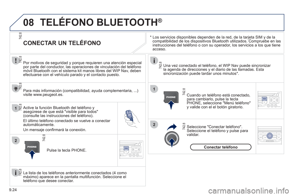 Peugeot Partner Tepee 2012  Manual del propietario (in Spanish) 08
1
2
2
1
9.24
   *   
 
Los servicios disponibles dependen de la red, de la tarjeta SIM y de lacompatibilidad de los dispositivos Bluetooth utilizados. Compruebe en las
instrucciones del teléfono o