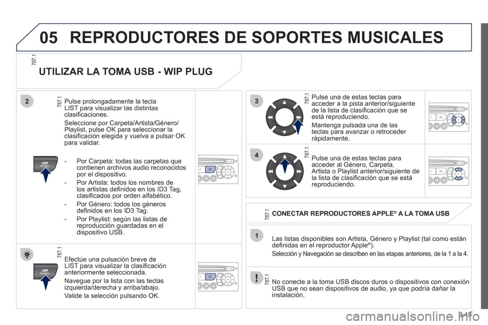 Peugeot Partner Tepee 2012 Manual del propietario (in Spanish) 3
4
05
2
1
LISTREFRESH
LISTREFRESH
9.45
UTILIZAR LA TOMA USB - WIP PLUG
Efectúe una pulsación breve de
LIST para visualizar la clasifi caciÛn anteriormente seleccionada.
Nave
gue por la Peugeot Partner Tepee 2012 Manual del propietario (in Spanish) 3
4
05
2
1
LISTREFRESH
LISTREFRESH
9.45
UTILIZAR LA TOMA USB - WIP PLUG
Efectúe una pulsación breve de
LIST para visualizar la clasifi caciÛn anteriormente seleccionada.
Nave
gue por la