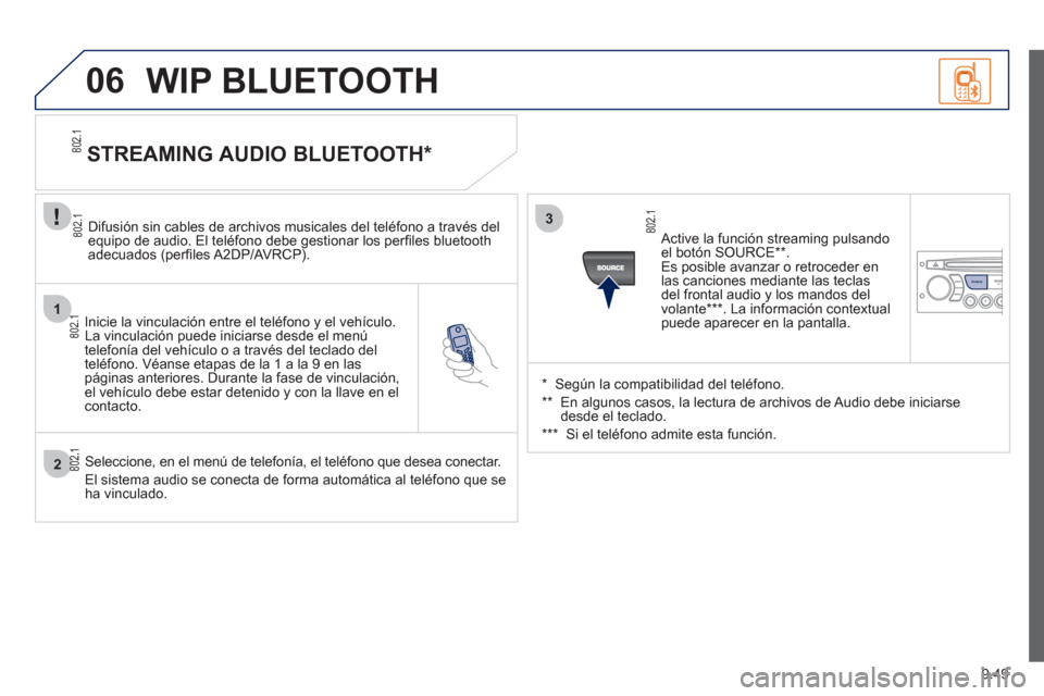 Peugeot Partner Tepee 2012 Manual del propietario (in Spanish) 1
2
3
SOURCE
06
9.49
Inicie la vinculación entre el teléfono y el vehículo.
La vinculación puede iniciarse desde el menú
telefonía del vehículo o a través del teclado del
teléfono. Véa Peugeot Partner Tepee 2012 Manual del propietario (in Spanish) 1
2
3
SOURCE
06
9.49
Inicie la vinculación entre el teléfono y el vehículo.
La vinculación puede iniciarse desde el menú
telefonía del vehículo o a través del teclado del
teléfono. Véa