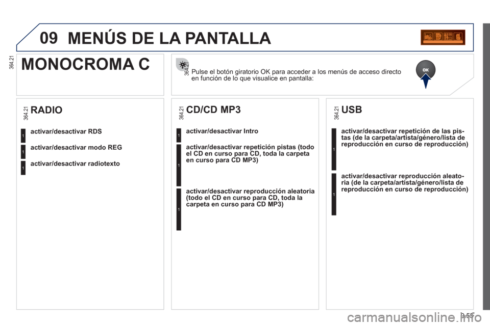 Peugeot Partner Tepee 2012 Manual del propietario (in Spanish) 09
9.55
MENÚS DE LA PANTALLA
Pulse el botón giratorio OK para acceder a los menús de acceso directo en función de lo que visualice en pantalla:
MONOCROMA C
activar/desactivar RDS
activar/desac Peugeot Partner Tepee 2012 Manual del propietario (in Spanish) 09
9.55
MENÚS DE LA PANTALLA
Pulse el botón giratorio OK para acceder a los menús de acceso directo en función de lo que visualice en pantalla:
MONOCROMA C
activar/desactivar RDS
activar/desac