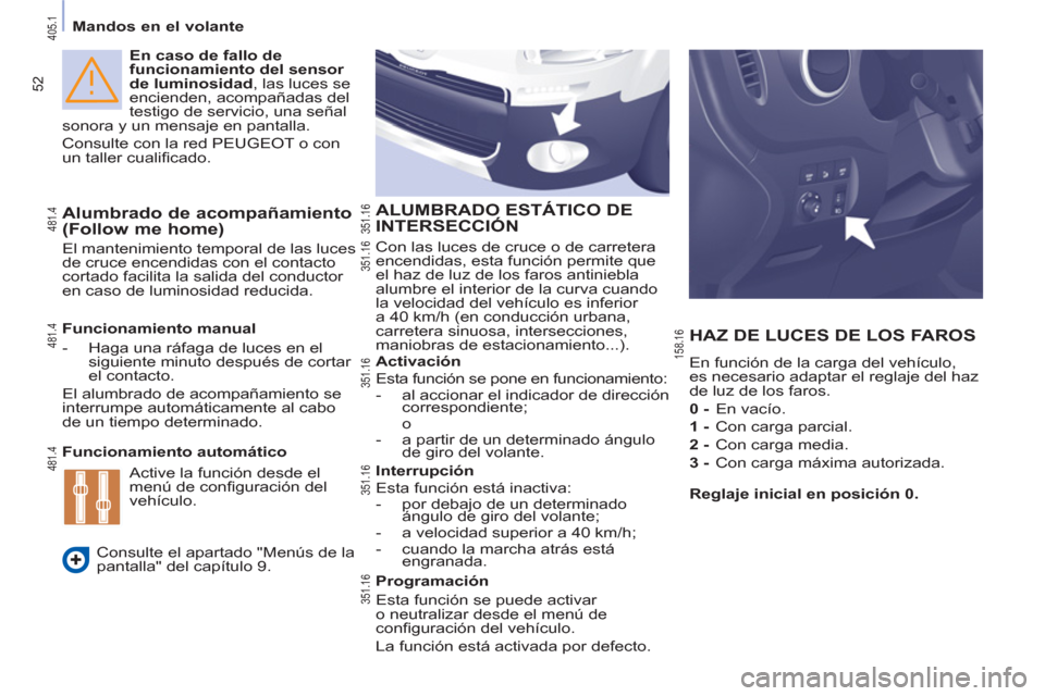 Peugeot Partner Tepee 2012 Manual del propietario (in Spanish) 52
Mandos en el volante
En caso de fallo de
funcionamiento del sensor
de luminosidad
, las luces se
encienden, acompañadas del
testigo de servicio, una señal
sonora y un mensaje Peugeot Partner Tepee 2012 Manual del propietario (in Spanish) 52
Mandos en el volante
En caso de fallo de
funcionamiento del sensor
de luminosidad
, las luces se
encienden, acompañadas del
testigo de servicio, una señal
sonora y un mensaje