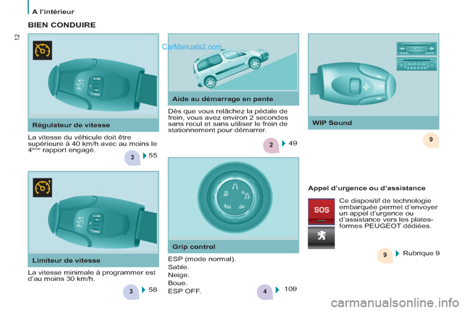 Peugeot Partner Tepee 2012  Manuel du propriétaire (in French) 3
29
3
9
4
12
A l’intérieur
   
Régulateur de vitesse 
  La vitesse du véhicule doit être 
supérieure à 40 km/h avec au moins le 
4 
ème   rapport engagé.   Dès que vous relâchez la pédal