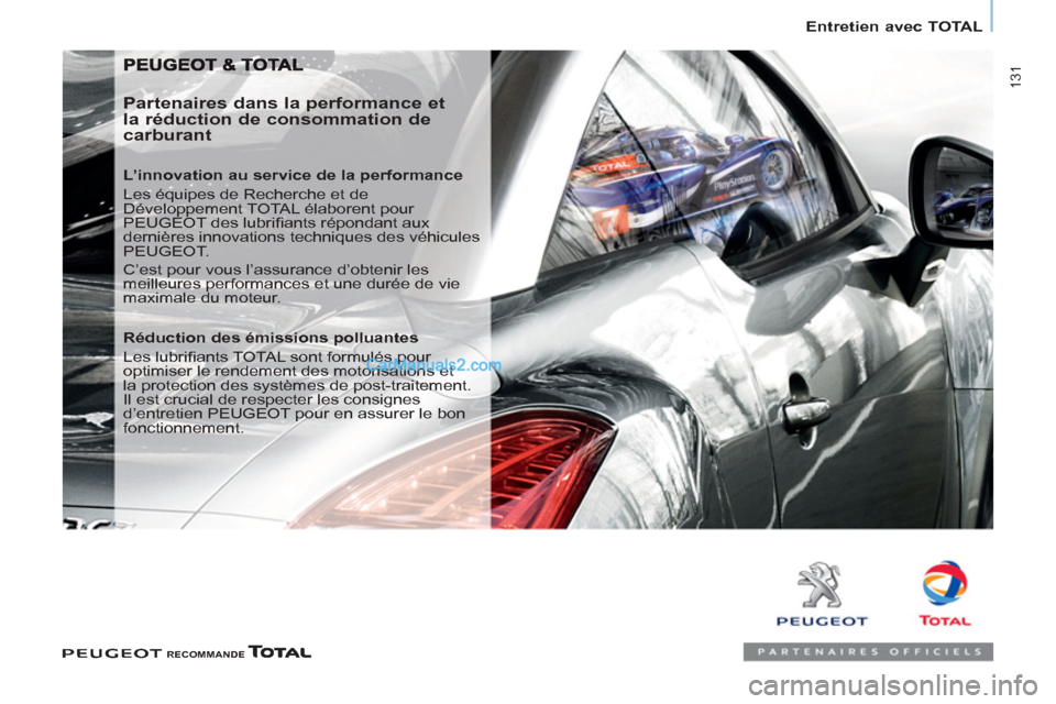 Peugeot Partner Tepee 2012 Manuel du propriétaire (in French) 131
Entretien avec TOTAL
Partenaires dans la performance et
la réduction de consommation de
carburant
L’innovation au service de la performance
Les équipes de Recherche et de
Déve Peugeot Partner Tepee 2012 Manuel du propriétaire (in French) 131
Entretien avec TOTAL
Partenaires dans la performance et
la réduction de consommation de
carburant
L’innovation au service de la performance
Les équipes de Recherche et de
Déve