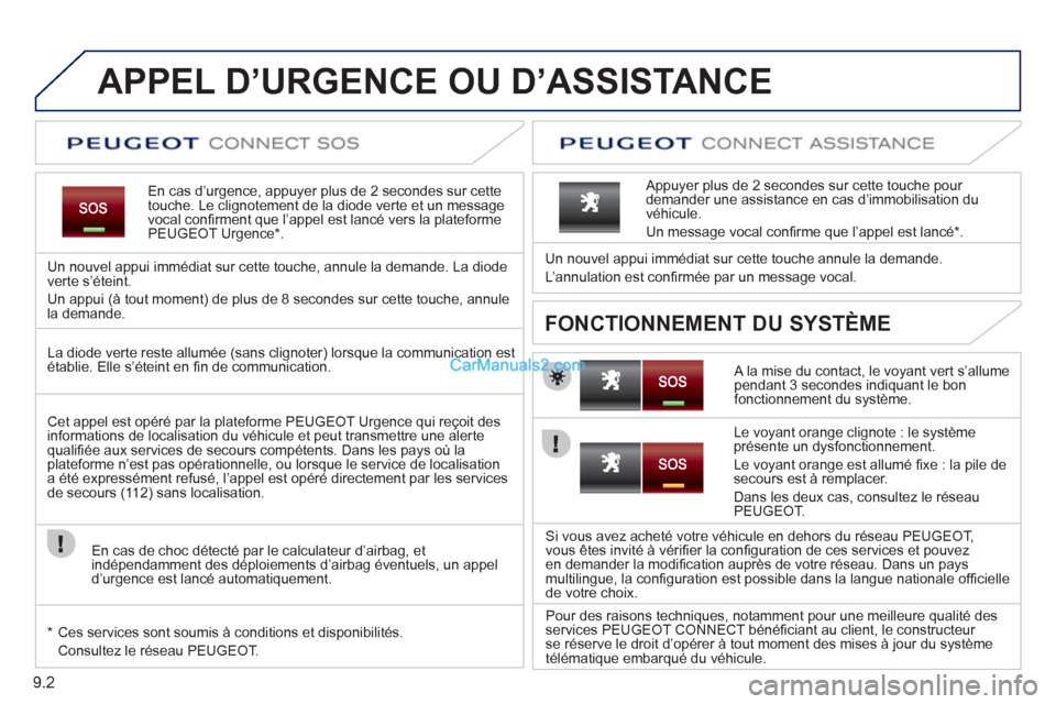 Peugeot Partner Tepee 2012 Manuel du propriétaire (in French) 9.2
APPEL D’URGENCE OU D’ASSISTANCE
En cas d’urgence, appuyer plus de 2 secondes sur cette
touche. Le clignotement de la diode verte et un message
vocal confi rment que l Peugeot Partner Tepee 2012 Manuel du propriétaire (in French) 9.2
APPEL D’URGENCE OU D’ASSISTANCE
En cas d’urgence, appuyer plus de 2 secondes sur cette
touche. Le clignotement de la diode verte et un message
vocal confi rment que l
