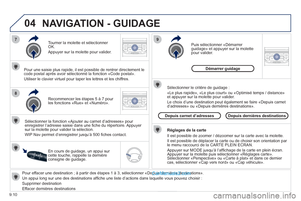 Peugeot Partner Tepee 2012 Manuel du propriétaire (in French) 04
7
8
9
9.10
Pour effacer une destination ; à partir des étapes 1 à 3, sélectionner «Depuis dernières destinations».
Un appui lon
g sur une des destinations affi che une liste díactio Peugeot Partner Tepee 2012 Manuel du propriétaire (in French) 04
7
8
9
9.10
Pour effacer une destination ; à partir des étapes 1 à 3, sélectionner «Depuis dernières destinations».
Un appui lon
g sur une des destinations affi che une liste díactio