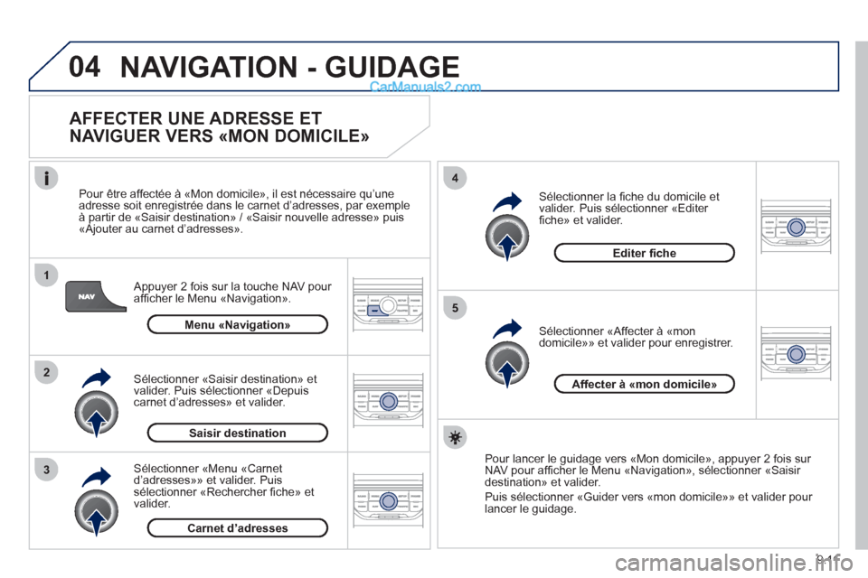 Peugeot Partner Tepee 2012 Manuel du propriétaire (in French) 04
1
2
3
5
4
9.11
NAVIGATION - GUIDAGE
AFFECTER UNE ADRESSE ET
NAVIGUER VERS «MON DOMICILE»
Appuyer 2 fois sur la touche NAV pour affi cher le Menu ´Navigationª.
Pour Ítre a
ffect Peugeot Partner Tepee 2012 Manuel du propriétaire (in French) 04
1
2
3
5
4
9.11
NAVIGATION - GUIDAGE
AFFECTER UNE ADRESSE ET
NAVIGUER VERS «MON DOMICILE»
Appuyer 2 fois sur la touche NAV pour affi cher le Menu ´Navigationª.
Pour Ítre a
ffect