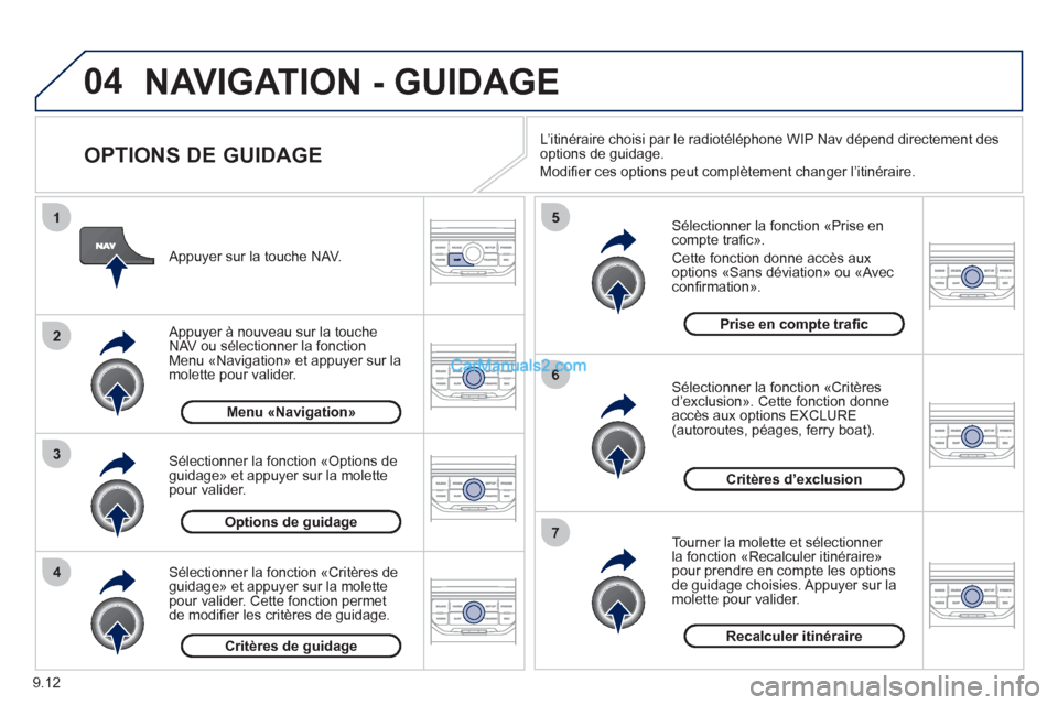 Peugeot Partner Tepee 2012 Manuel du propriétaire (in French) 04
4
3
2
1
7
6
5
9.12
NAVIGATION - GUIDAGE
OPTIONS DE GUIDAGE
Sélectionner la fonction «Prise en compte trafi cª.
Cette fonction donne accËs aux
options ´Sans dÈviationª ou ´Avecco Peugeot Partner Tepee 2012 Manuel du propriétaire (in French) 04
4
3
2
1
7
6
5
9.12
NAVIGATION - GUIDAGE
OPTIONS DE GUIDAGE
Sélectionner la fonction «Prise en compte trafi cª.
Cette fonction donne accËs aux
options ´Sans dÈviationª ou ´Avecco