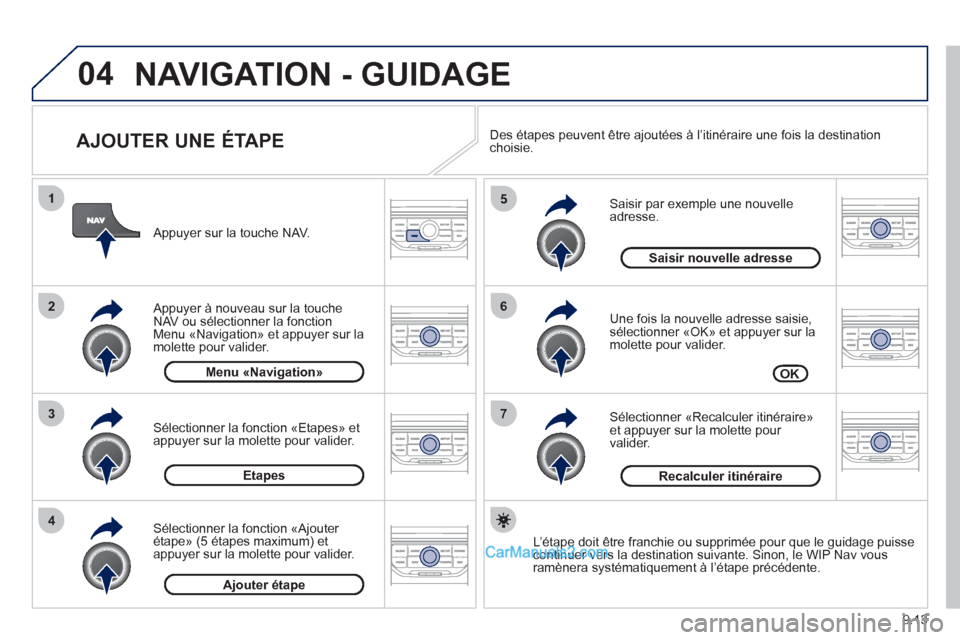 Peugeot Partner Tepee 2012 Manuel du propriétaire (in French) 04
7
6
5
4
3
2
1
9.13
AJOUTER UNE ÉTAPE
Saisir par exemple une nouvelleadresse.
Une
fois la nouvelle adresse saisie, sélectionner «OK» et appuyer sur la molette pour valider.
Sé Peugeot Partner Tepee 2012 Manuel du propriétaire (in French) 04
7
6
5
4
3
2
1
9.13
AJOUTER UNE ÉTAPE
Saisir par exemple une nouvelleadresse.
Une
fois la nouvelle adresse saisie, sélectionner «OK» et appuyer sur la molette pour valider.
Sé