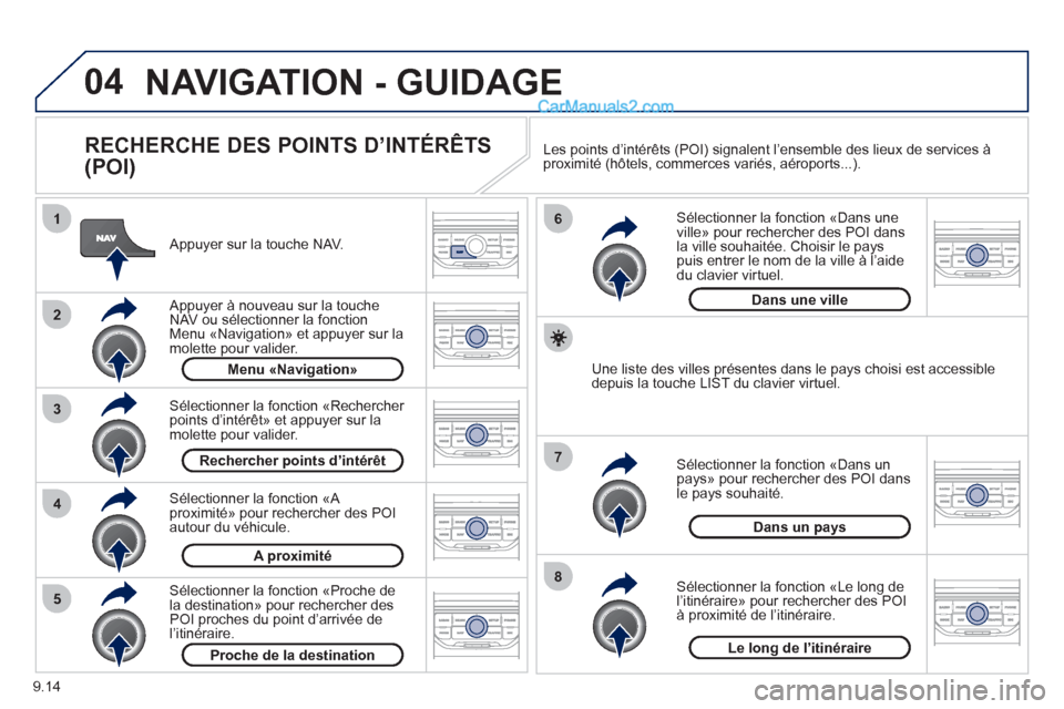 Peugeot Partner Tepee 2012 Manuel du propriétaire (in French) 04
8
6
7
4
3
5
2
1
9.14
NAVIGATION - GUIDAGE
RECHERCHE DES POINTS D’INTÉRÊTS
(POI)
Appuyer sur la touche NAV.
Appuyer à nouveau sur la toucheNAV ou sélectionner la fonction Menu « Peugeot Partner Tepee 2012 Manuel du propriétaire (in French) 04
8
6
7
4
3
5
2
1
9.14
NAVIGATION - GUIDAGE
RECHERCHE DES POINTS D’INTÉRÊTS
(POI)
Appuyer sur la touche NAV.
Appuyer à nouveau sur la toucheNAV ou sélectionner la fonction Menu «
