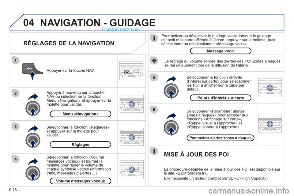 Peugeot Partner Tepee 2012 Manuel du propriétaire (in French) 04
5
6
3 2 1
4
9.16
RÉGLAGES DE LA NAVIGATION
Sélectionner «Paramétrer alerteszones à risques» pour accéder aux fonctions «Affi chage sur carteª,
´Rappel visuel ‡ líapprocheª et Peugeot Partner Tepee 2012 Manuel du propriétaire (in French) 04
5
6
3 2 1
4
9.16
RÉGLAGES DE LA NAVIGATION
Sélectionner «Paramétrer alerteszones à risques» pour accéder aux fonctions «Affi chage sur carteª,
´Rappel visuel ‡ líapprocheª et