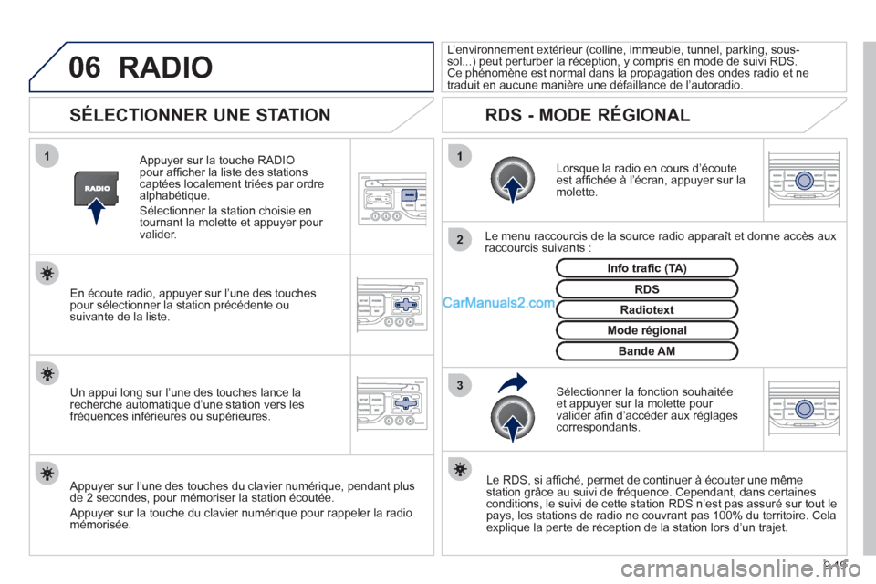 Peugeot Partner Tepee 2012 Manuel du propriétaire (in French) 06
3 2 1 1
9.19
SÉLECTIONNER UNE STATION
Lorsque la radio en cours d’écouteest affi chée à l’écran, appuyer sur la molette.
Le menu raccourcis de la source radio appar Peugeot Partner Tepee 2012 Manuel du propriétaire (in French) 06
3 2 1 1
9.19
SÉLECTIONNER UNE STATION
Lorsque la radio en cours d’écouteest affi chée à l’écran, appuyer sur la molette.
Le menu raccourcis de la source radio appar