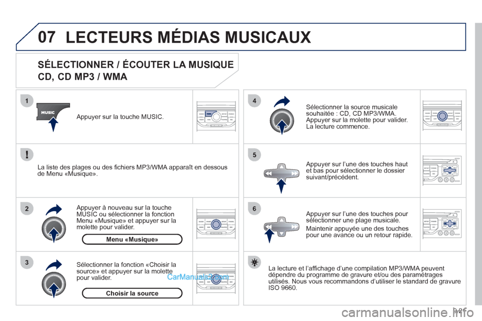 Peugeot Partner Tepee 2012 Manuel du propriétaire (in French) 07
3 2 1
6
4
5
9.21
SÉLECTIONNER / ÉCOUTER LA MUSIQUE
CD, CD MP3 / WMA
La lecture et l’affi chage d’une compilation MP3/WMA peuvent
dépendre du programme de gravure et/o Peugeot Partner Tepee 2012 Manuel du propriétaire (in French) 07
3 2 1
6
4
5
9.21
SÉLECTIONNER / ÉCOUTER LA MUSIQUE
CD, CD MP3 / WMA
La lecture et l’affi chage d’une compilation MP3/WMA peuvent
dépendre du programme de gravure et/o