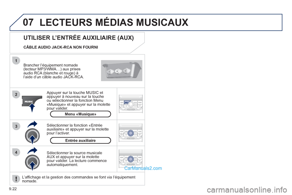 Peugeot Partner Tepee 2012 Manuel du propriétaire (in French) 07
43 1
2
9.22
LECTEURS MÉDIAS MUSICAUX
Brancher l’équipement nomade (lecteur MP3/WMA…) aux prises
audio RCA (blanche et rouge) à
l’aide d’un câble audio JACK-RCA.
Appuyer sur l Peugeot Partner Tepee 2012 Manuel du propriétaire (in French) 07
43 1
2
9.22
LECTEURS MÉDIAS MUSICAUX
Brancher l’équipement nomade (lecteur MP3/WMA…) aux prises
audio RCA (blanche et rouge) à
l’aide d’un câble audio JACK-RCA.
Appuyer sur l