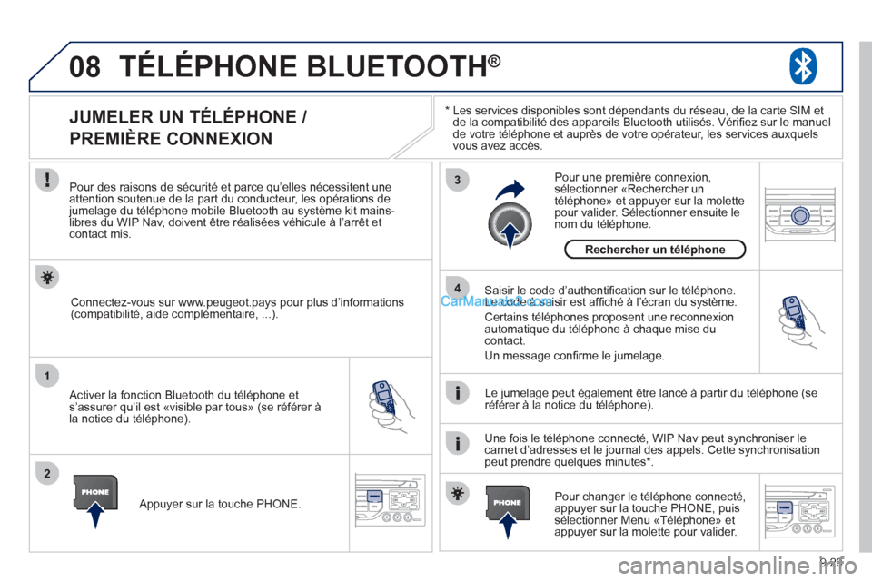 Peugeot Partner Tepee 2012 Manuel du propriétaire (in French) 08
1
2
3
4
9.23
TÉLÉPHONE BLUETOOTH ®
*
Les services disponibles sont dépendants du réseau, de la carte SIM et
de la compatibilité des appareils Bluetooth utilisés. Vérifi ez sur le manue Peugeot Partner Tepee 2012 Manuel du propriétaire (in French) 08
1
2
3
4
9.23
TÉLÉPHONE BLUETOOTH ®
*
Les services disponibles sont dépendants du réseau, de la carte SIM et
de la compatibilité des appareils Bluetooth utilisés. Vérifi ez sur le manue