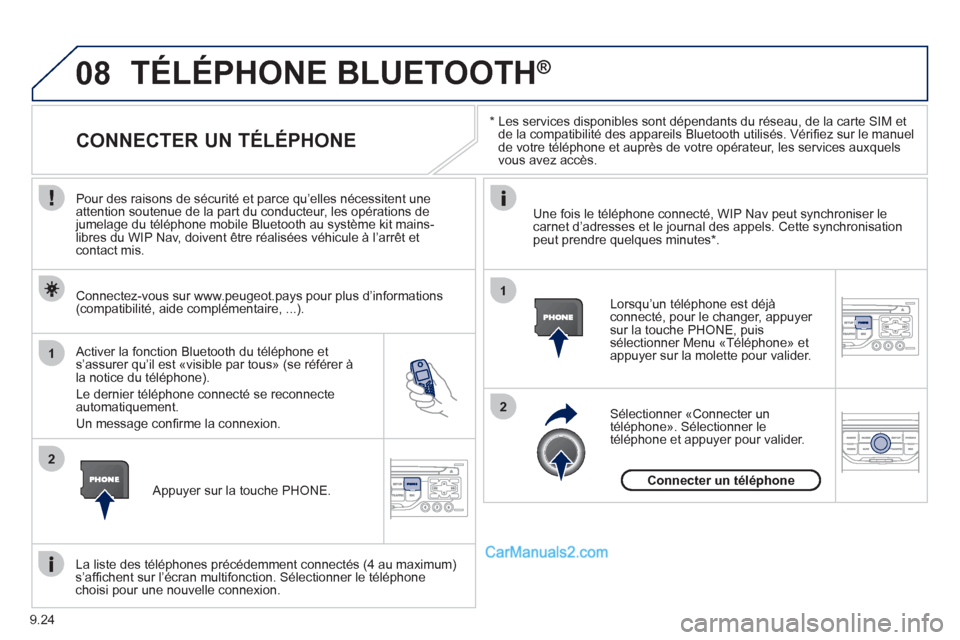 Peugeot Partner Tepee 2012 Manuel du propriétaire (in French) 08
1
2
2
1
9.24
*
Les services disponibles sont dépendants du réseau, de la carte SIM et
de la compatibilité des appareils Bluetooth utilisés. Vérifi ez sur le manuel
de votre télépho Peugeot Partner Tepee 2012 Manuel du propriétaire (in French) 08
1
2
2
1
9.24
*
Les services disponibles sont dépendants du réseau, de la carte SIM et
de la compatibilité des appareils Bluetooth utilisés. Vérifi ez sur le manuel
de votre télépho