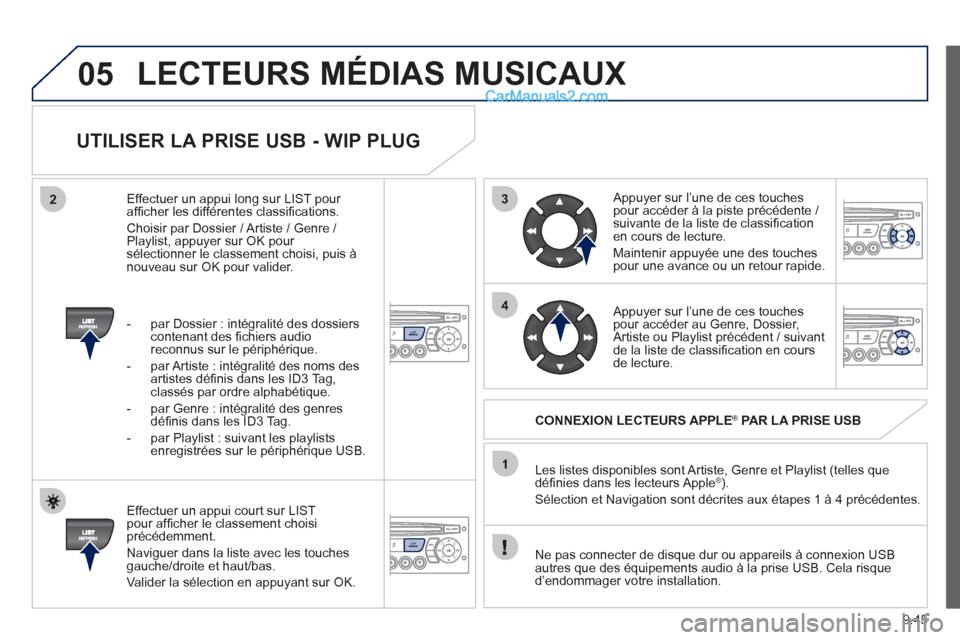 Peugeot Partner Tepee 2012 Manuel du propriétaire (in French) 3
4
05
2
1
LISTREFRESH
LISTREFRESH
9.45
UTILISER LA PRISE USB - WIP PLUG
Effectuer un appui court sur LIST pour affi cher le classement choisiprÈcÈdemment.
Navi
guer dans la liste avec Peugeot Partner Tepee 2012 Manuel du propriétaire (in French) 3
4
05
2
1
LISTREFRESH
LISTREFRESH
9.45
UTILISER LA PRISE USB - WIP PLUG
Effectuer un appui court sur LIST pour affi cher le classement choisiprÈcÈdemment.
Navi
guer dans la liste avec
