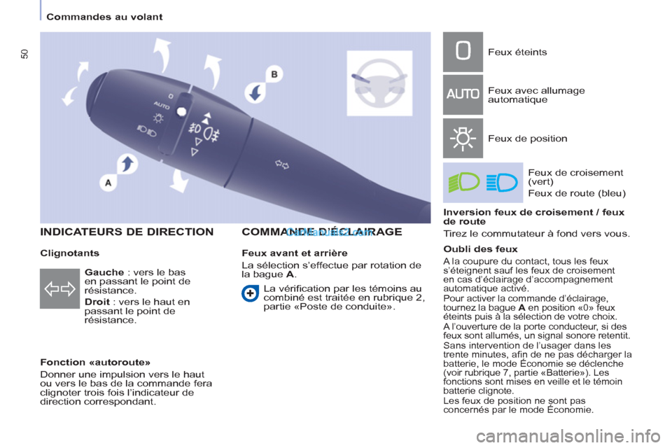 Peugeot Partner Tepee 2012 Manuel du propriétaire (in French) 50
Commandes au volant
Clignotants
Fonction «autoroute»
Donner une impulsion vers le haut
ou vers le bas de la commande fera
clignoter trois fois l’indicateur de
direction cor Peugeot Partner Tepee 2012 Manuel du propriétaire (in French) 50
Commandes au volant
Clignotants
Fonction «autoroute»
Donner une impulsion vers le haut
ou vers le bas de la commande fera
clignoter trois fois l’indicateur de
direction cor