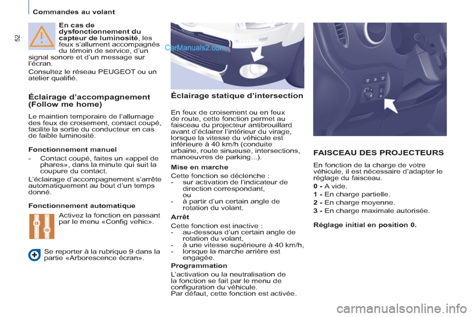 Peugeot Partner Tepee 2012 Manuel du propriétaire (in French) 52
Commandes au volant
En cas de
dysfonctionnement du
capteur de luminosité
, les
feux s’allument accompagnés
du témoin de service, d’un
signal sonore et d’un message sur
l Peugeot Partner Tepee 2012 Manuel du propriétaire (in French) 52
Commandes au volant
En cas de
dysfonctionnement du
capteur de luminosité
, les
feux s’allument accompagnés
du témoin de service, d’un
signal sonore et d’un message sur
l