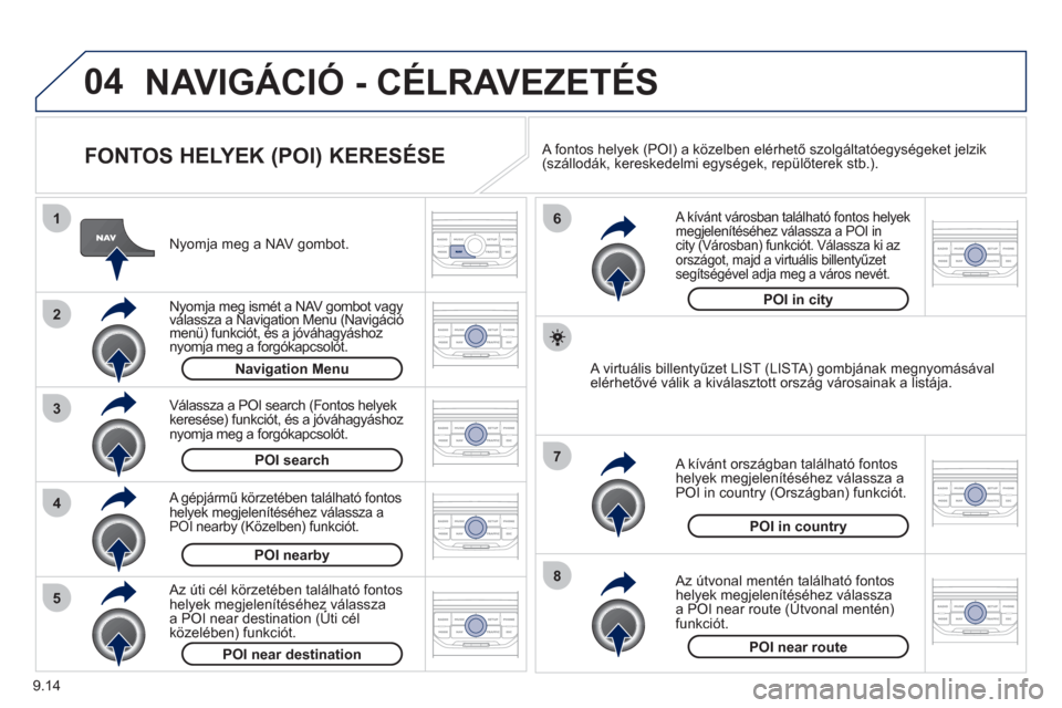 Peugeot Partner Tepee 2012  Kezelési útmutató (in Hungarian) 04
8
6
7
4
3
5
2
1
9.14
NAVIGÁCIÓ - CÉLRAVEZETÉS 
   
FONTOS HELYEK (POI) KERESÉSE 
 
 
Nyomja meg a NAV gombot.
 
 
Nyomja meg ismét a NAV gombot vagyválassza a Navigation Menu (Navigáció yj