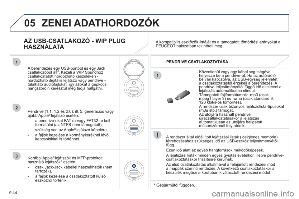 Peugeot Partner Tepee 2012  Kezelési útmutató (in Hungarian) 05
1
1
2
3
9.44
  ZENEI ADATHORDOZÓK 
 
 
A rendszer által előállított lejátszási listák (ideiglenes memória)létrehozásához szükséges idő az USB-eszköz teljesítményétől
függ.
  Ez
