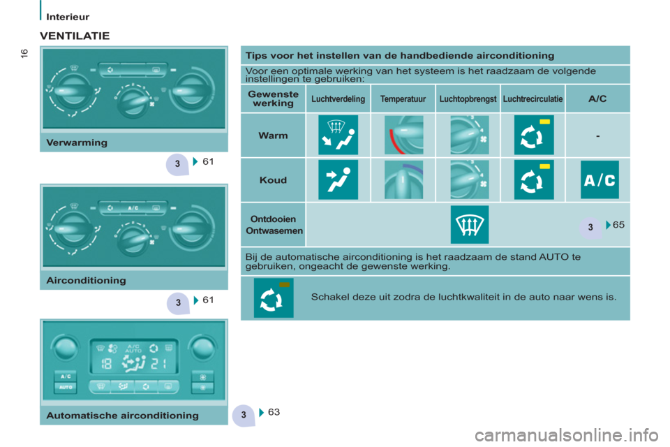 Peugeot Partner Tepee 2012  Handleiding (in Dutch) 3
3
3
3
16
Interieur
   
VENTILATIE 
 
 
 
Tips voor het instellen van de handbediende airconditioning 
 
 
  Voor een optimale werking van het systeem is het raadzaam de volgende 
instellingen te geb