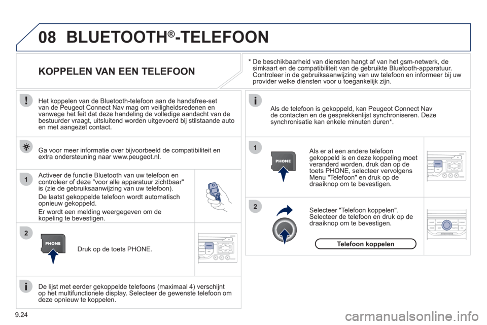 Peugeot Partner Tepee 2012  Handleiding (in Dutch) 08
1
2
2
1
9.24
   * 
 
  De beschikbaarheid van diensten hangt af van het gsm-netwerk, desimkaart en de compatibiliteit van de gebruikte Bluetooth-apparatuur. Controleer in de gebruiksaanwijzing van 