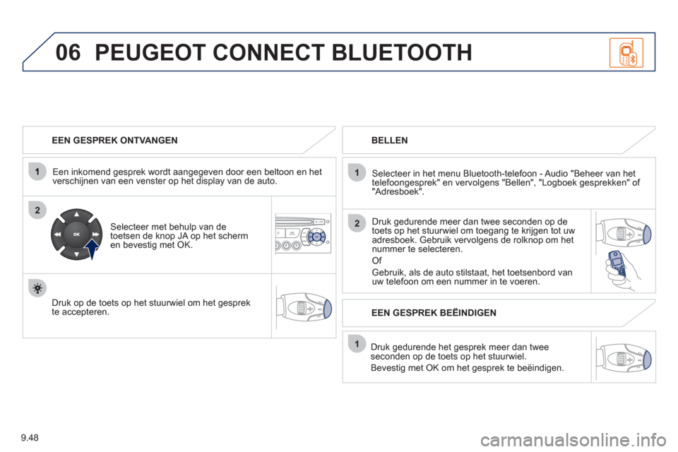 Peugeot Partner Tepee 2012  Handleiding (in Dutch) 06
2
1
2
1
OK
9.48
   
EEN GESPREK ONTVANGEN  
   
Een inkomend 
gesprek wordt aangegeven door een beltoon en het
verschijnen van een venster op het display van de auto.
   
Selecteer met behulp van d