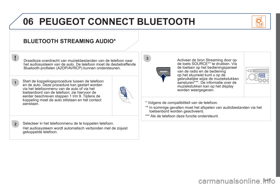 Peugeot Partner Tepee 2012  Handleiding (in Dutch) 1
2
3
SOURCE
06
9.49
   
Start de koppelingsprocedure tussen de telefoonen de auto. Deze procedure kan gestart worden
via het telefoonmenu van de auto of via het 
toetsenbord van de telefoon; zie hier