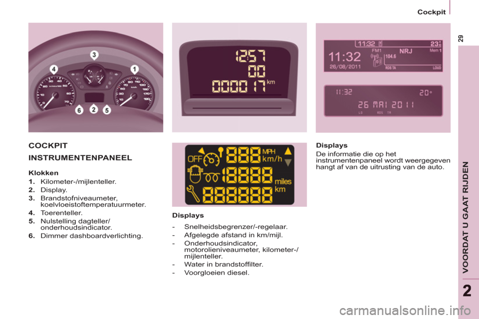 Peugeot Partner Tepee 2012  Handleiding (in Dutch) VOORDAT U GAAT RIJDEN
22
   
 
Cockpit  
 
 
INSTRUMENTENPANEEL  
 
 
 
Displays  
 
COCKPIT   
 
Displays 
  De informatie die op het 
instrumentenpaneel wordt weergegeven 
hangt af van de uitrusting