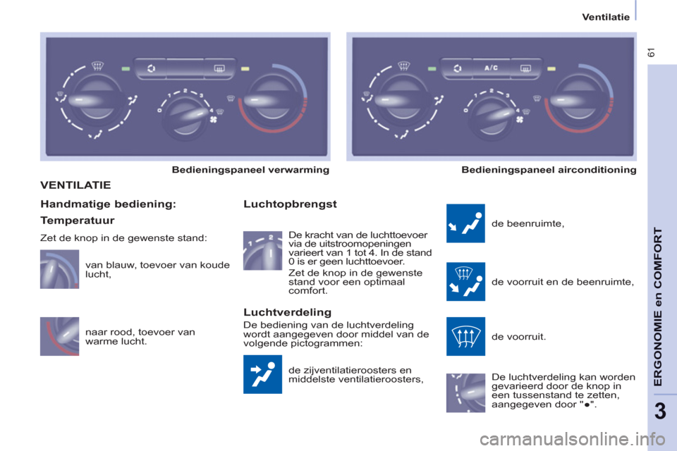 Peugeot Partner Tepee 2012  Handleiding (in Dutch)  61
ERGONOMI
E
en
 COMFOR
T
3
Ventilatie
 VENTILATIE
  de zijventilatieroosters en 
middelste ventilatieroosters, 
   
Luchtopbrengst 
 
de beenruimte, 
  de voorruit en de beenruimte, 
  de voorruit.