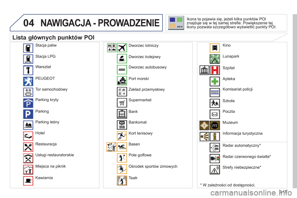 Peugeot Partner Tepee 2012  Instrukcja Obsługi (in Polish) 04
9.15
NAWIGACJA - PROWADZENIE
   
Lista głównych punktów POI 
*   
W zależności od dostępności. Ikona ta pojawia się, jeżeli kilka punktów P
OI 
znajduje się w tej samej streﬁ e. Powię