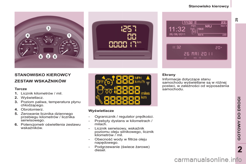 Peugeot Partner Tepee 2012  Instrukcja Obsługi (in Polish) GOTOWY DO DROGI
22
   
 
Stanowisko kierowcy  
 
 
ZESTAW WSKAŹNIKÓW  
 
 
 
Wyświetlacze  
 
STANOWISKO KIEROWCY   
 
Ekrany 
  Informacje dotyczące stanu 
samochodu wyświetlane są w różnej 
