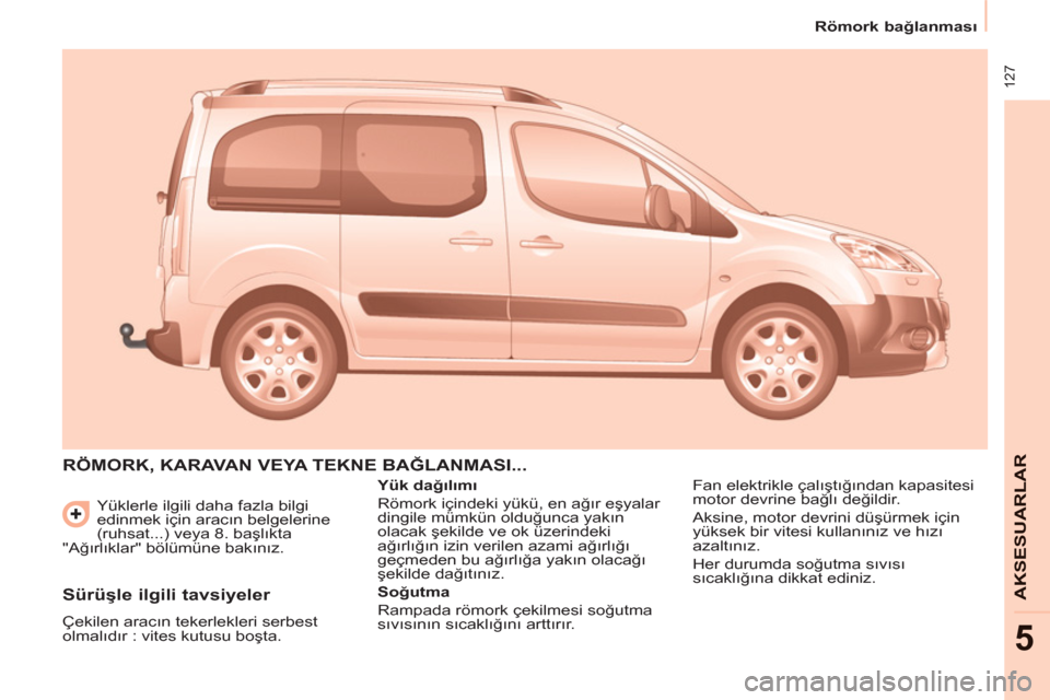 Peugeot Partner Tepee 2012  Kullanım Kılavuzu (in Turkish)  127
   
 
Römork bağlanması 
 
 
AKSESUARLAR
5
 
Yüklerle ilgili daha fazla bilgi 
edinmek için aracın belgelerine 
(ruhsat...) veya 8. başlıkta 
"Ağırlıklar" bölümüne bakınız. 
 
RÖ