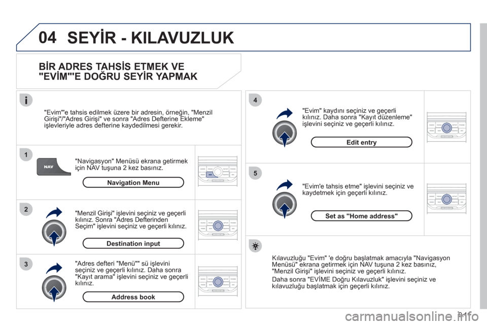 Peugeot Partner Tepee 2012  Kullanım Kılavuzu (in Turkish) 04
1
2
3
5
4
9.11
  SEYİR - KILAVUZLUK 
 
 
BİR ADRES TAHSİS ETMEK VE 
"EVİM"E DOĞRU SEYİR YAPMAK 
"Navigasyon" Menüsü ekrana getirmek 
için NAV tuşuna 2 kez basınız.    
"Evim"e tahsis 