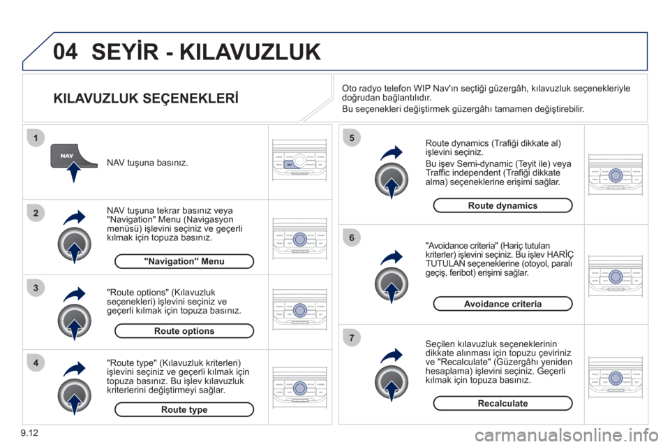 Peugeot Partner Tepee 2012 Kullanım Kılavuzu (in Turkish) 04
4
3
2
1
7
6
5
9.12
SEYİR - KILAVUZLUK
KILAVUZLUK SEÇENEKLERİ
Route dynamics (Trafi ği dikkate al) işlevini seçiniz.
Bu işev
Semi-dynamic (Teyit ile) veya
Traffi c independent ( Peugeot Partner Tepee 2012 Kullanım Kılavuzu (in Turkish) 04
4
3
2
1
7
6
5
9.12
SEYİR - KILAVUZLUK
KILAVUZLUK SEÇENEKLERİ
Route dynamics (Trafi ği dikkate al) işlevini seçiniz.
Bu işev
Semi-dynamic (Teyit ile) veya
Traffi c independent (